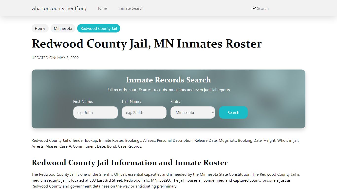 Redwood County Jail, MN Jail Roster, Name Search